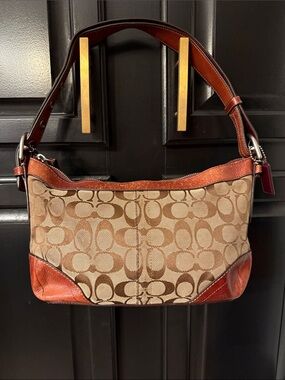 Coach 12328 Beige/Tan Signature Canvas Shoulder Bag with rust Leather Trim
